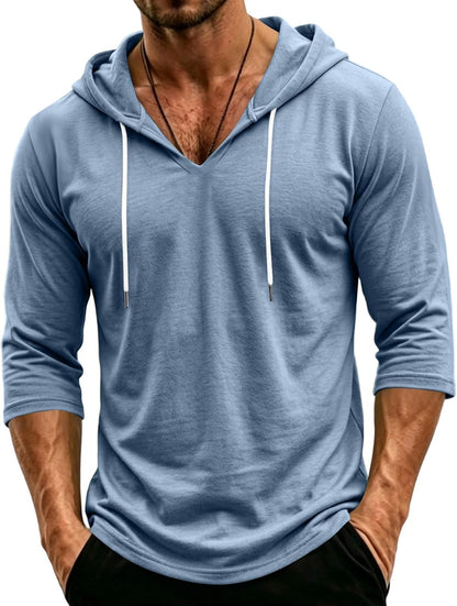 Mens Hooded 3/4 Sleeve Pullover Relaxed Fit Casual Lightweight Comfort Top