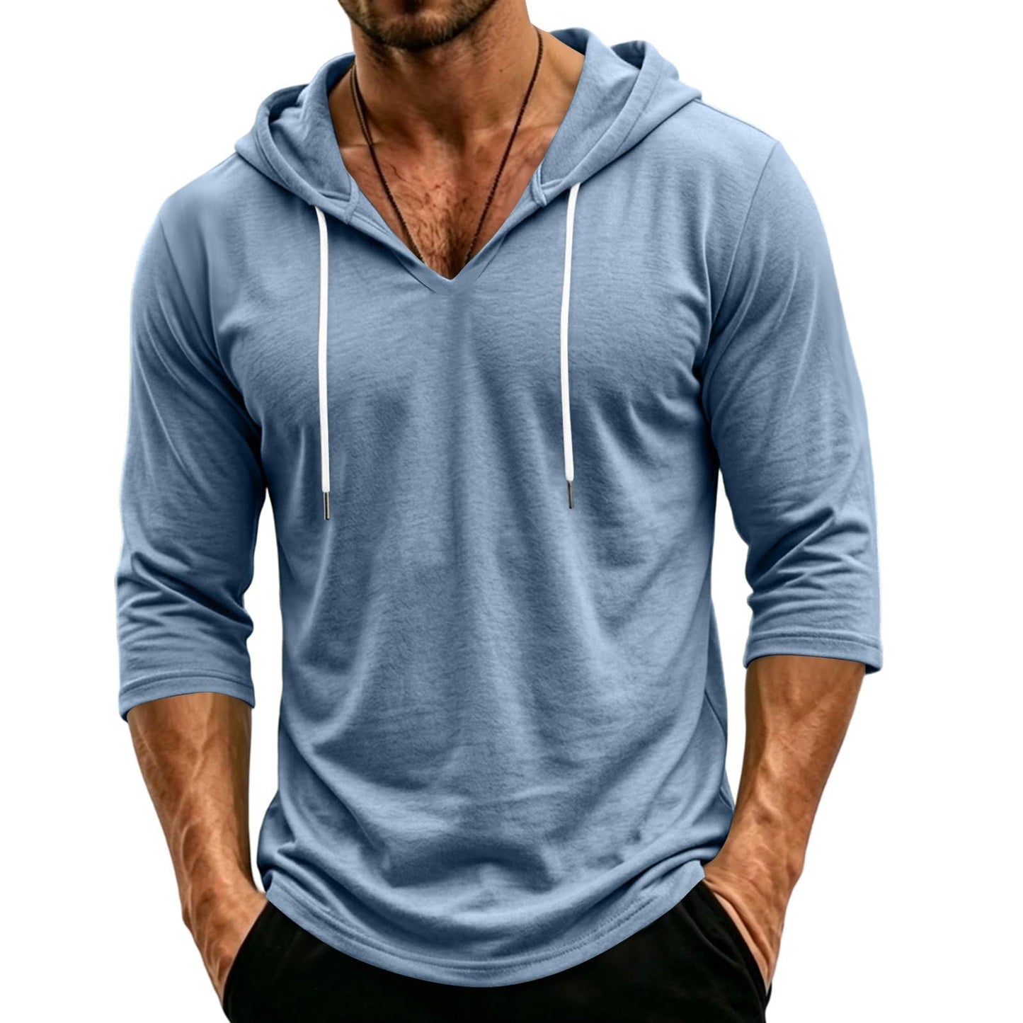 Mens Hooded 3/4 Sleeve Pullover Relaxed Fit Casual Lightweight Comfort Top