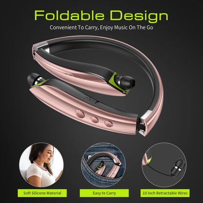 Bluetooth Headset, 2026 Upgraded Neckband Bluetooth Headphones with Retractable Earbuds, Noise Cancelling Stereo Earphones with Mic, Foldable Wireless Headphones for Sports Office w/Carry Case(Black)