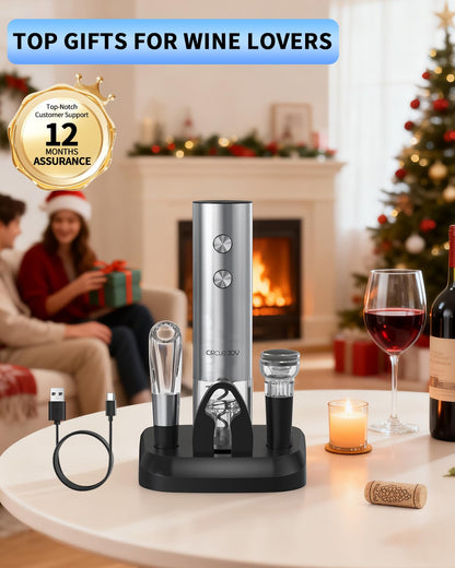 CIRCLE JOY Electric Wine Opener Rechargeable 5-in-1 Stainless Steel Wine Gift Set with Foil Cutter, Wine Aerator Pourer, Wine Drip Ring & Vacuum Stopper, Ideal Gifts for Wine Lovers, Silver