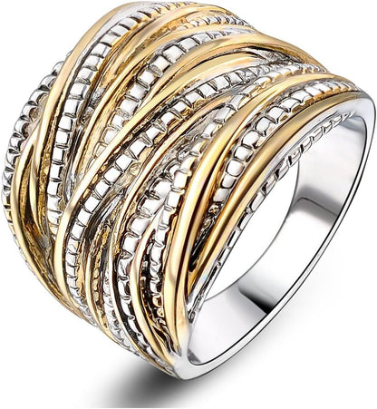 Mytys 2 Tone Intertwined Crossover Statement Ring Fashion Chunky Band Rings for Women Wide Index Finger Rings Costume Jewelry