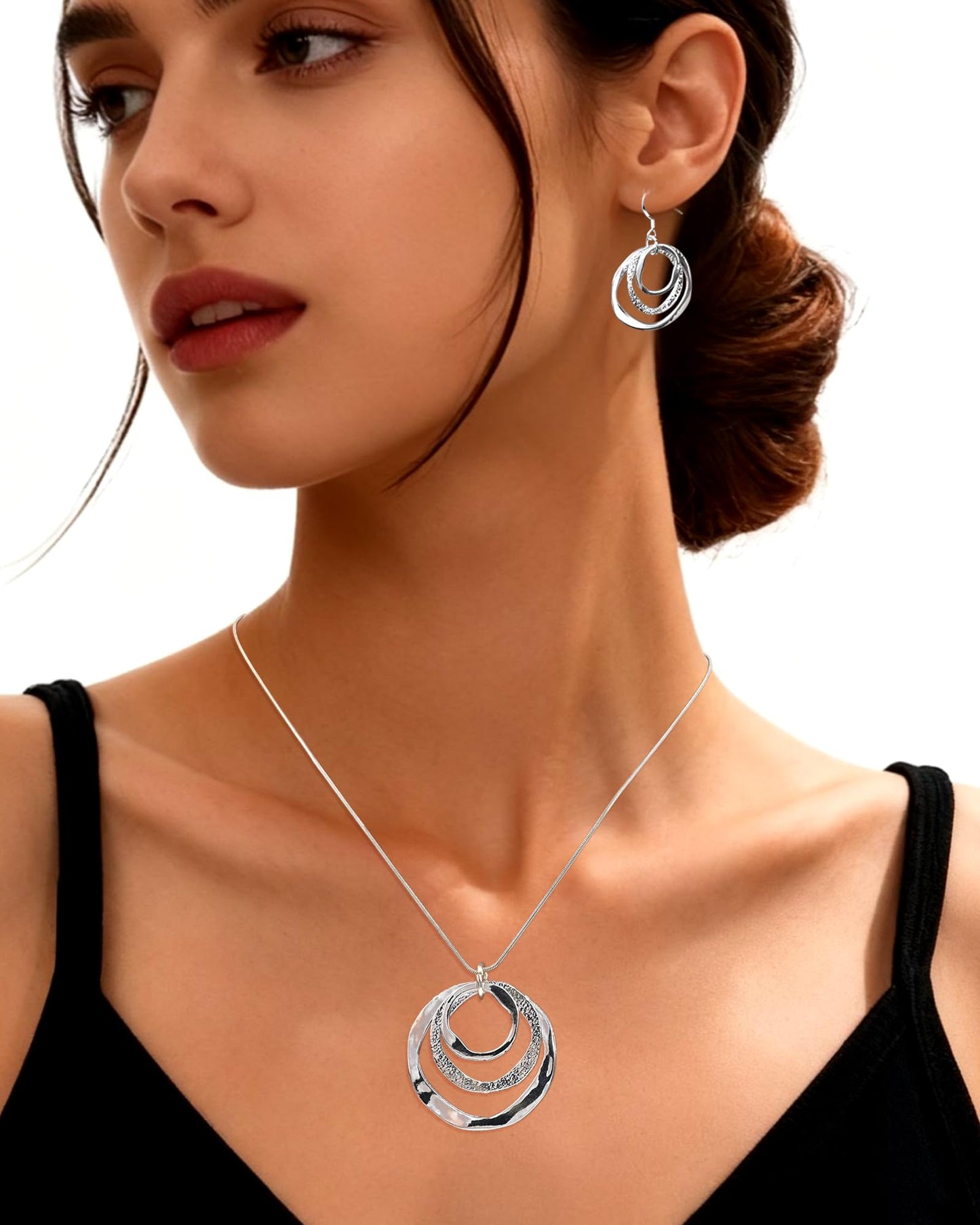 Hypoallergenic Silver Circle & Dangle Earrings and Necklace Set for Women Geometric Boho Style Hoop Jewelry for Women-Lightweight & Dangling-Gift for Bohemian Fashionistas