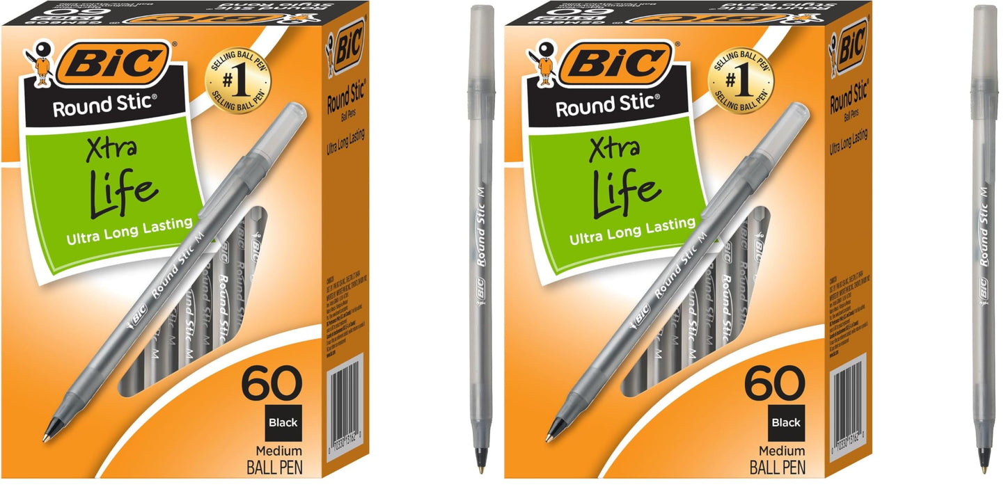 BIC Round Stic Xtra Life Assorted Ink Ballpoint Pens, Medium Point (1.0mm), 60-Count Pack of Bulk Pens, Flexible Round Barrel for Comfortable Writing, No. 1 Selling Ballpoint Pens