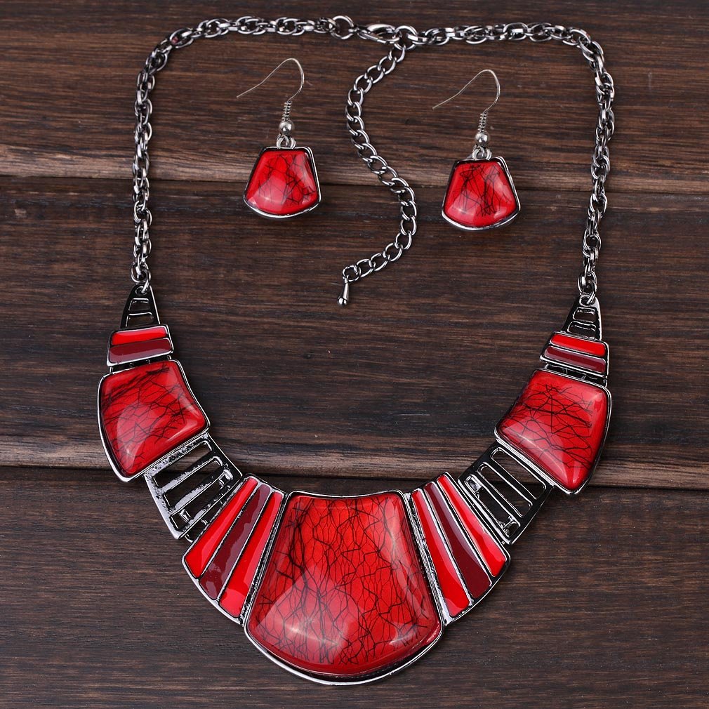 YAZILIND Vintage Ethnic Tibetan Sliver Turquoise Bib Collar Earrings Necklace Jewelry Set Women