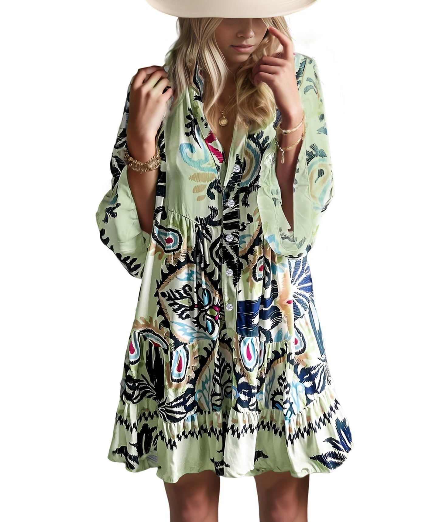 Opemiby Summer Dresses for Women 2026 Flowy Ruffle 3/4 Sleeve V Neck Tiered Casual Babydoll Boho Beach Mini Dress