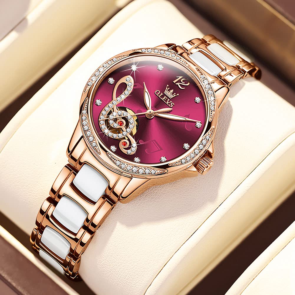 OLEVS Automatic Watches for Women Rose Gold Fashion Diamond Dress Ladies Wrist Watch Self Winding Mechanical Two Tone Ceramic Band Waterproof