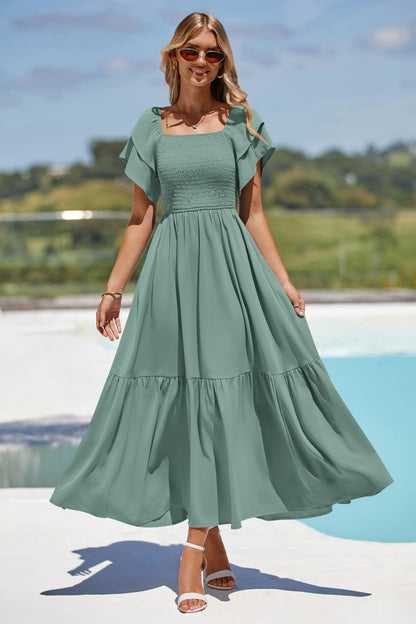 MASCOMODA Womens Summer Casual Midi Dress Square Neck Ruffle Short Sleeve Smocked High Waist A Line Wedding Guest Dresses