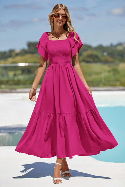 MASCOMODA Womens Summer Casual Midi Dress Square Neck Ruffle Short Sleeve Smocked High Waist A Line Wedding Guest Dresses