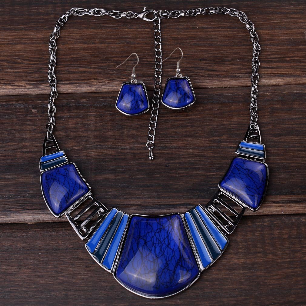 YAZILIND Vintage Ethnic Tibetan Sliver Turquoise Bib Collar Earrings Necklace Jewelry Set Women