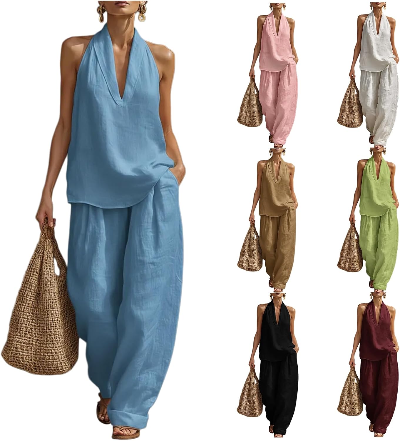 Womens Linen 2 Piece Sets Sleeveless V Neck Halter Top Wide Leg Pants Summer Matching Lounge Set Casual Outfits Black