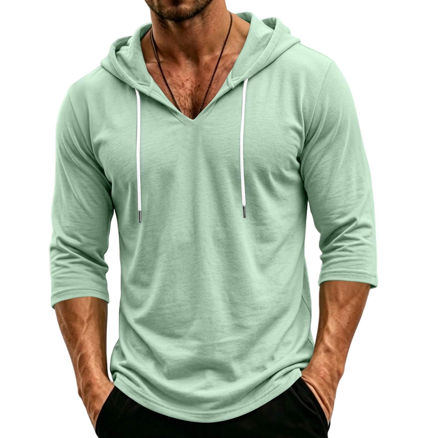 Mens Hooded 3/4 Sleeve Pullover Relaxed Fit Casual Lightweight Comfort Top