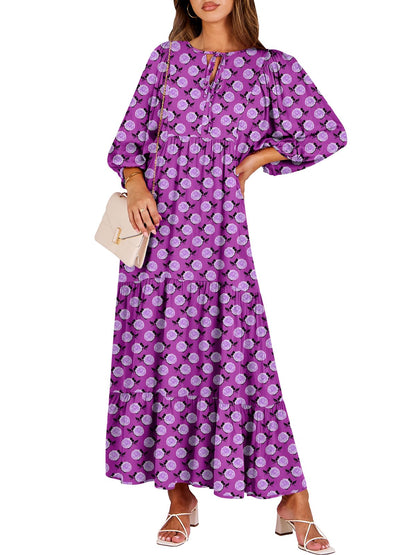 ANRABESS Womens Boho Floral 3/4 Puff Sleeve Maxi Dress | Tiered Flowy Loose Fit, Comfy Soft Rayon Fabric, Wedding Guest Church Beach, Modest Elegant, Spring Summer Fall Outfits