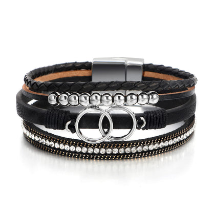 Fesciory Leopard Bracelet for Women, Boho Leather Wrap Multi-Layer Pearl Crystal Bracelet Bangle Jewelry