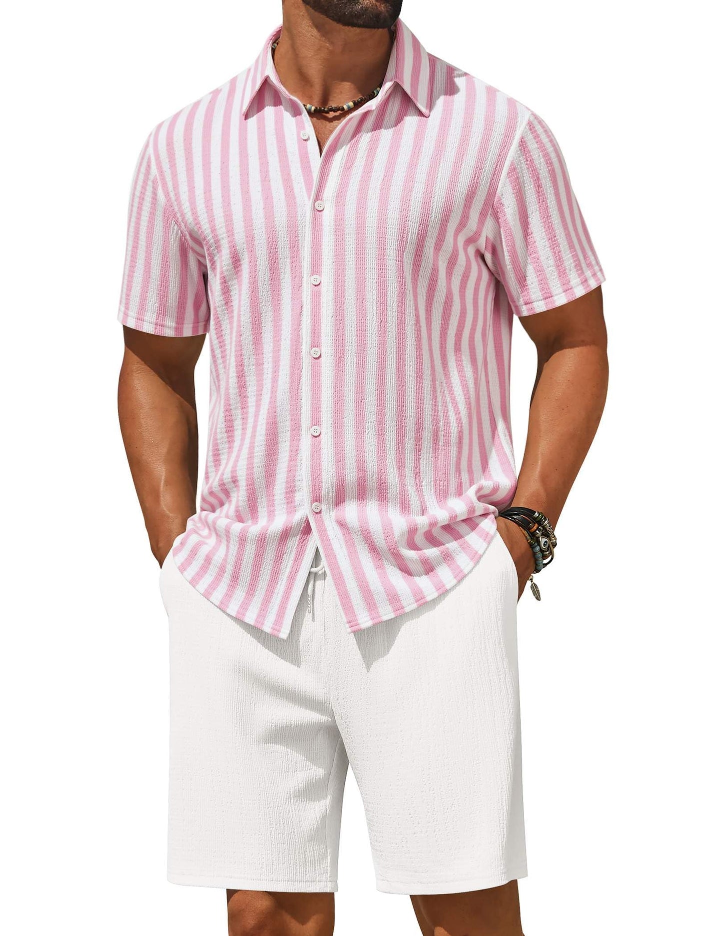 COOFANDY Men's 2 Piece Outfit Casual Short Sleeve Button Down Shirt and Beach Shorts Set Summer Vacation Outfits for Men