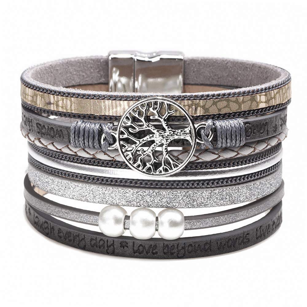 Fesciory Leopard Bracelet for Women, Boho Leather Wrap Multi-Layer Pearl Crystal Bracelet Bangle Jewelry