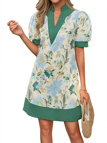 Wenrine Womens Summer V Neck Shift Dresses Casual Puff Short Sleeve Color Block Short Boho Beach Dresses with Pockets