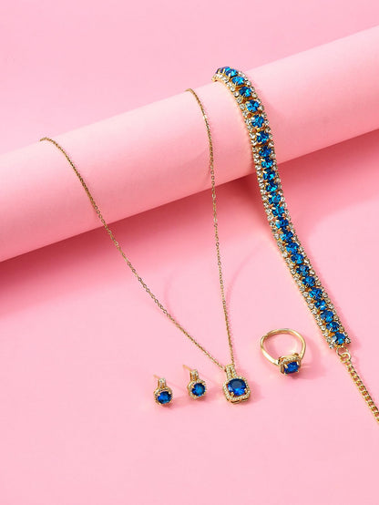 Paxuan 4pcs Cubic Zirconia Wedding Jewelry Sets for Bride Bridesmaid Cubic Zirconia Pendant Necklace Earrings Link Tennis Bracelet Open Ring Set for Women