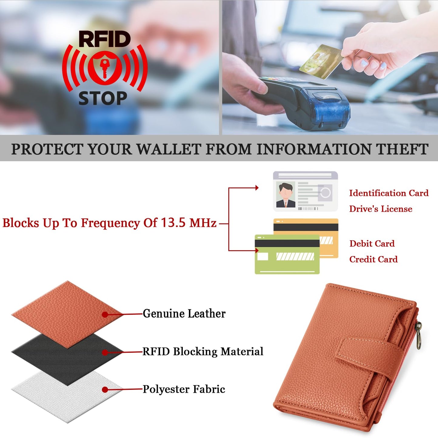 Airkit Small Wallet Women RFID Blocking Soft Leather Bifold Compact Card Holder Wallet for Women with Zipper Coin Pocket 4 ID Window