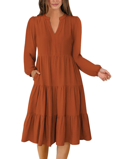 ANRABESS Womens V Neck Long Sleeve Midi Dress | Swing Flowy Tiered with Pockets, Soft Fabric, Boho Beach Vacation Dresses, Loose Fit Casual, Fall Winter Transition Clothes