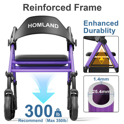 HOMLAND Walkers for Seniors with Seat, Foldable Rollator Walker, Reinforced Aluminum Frame, 8" Big Rubber Wheels for All Terrain, Height Adjustable Lightweight Rolling Walker