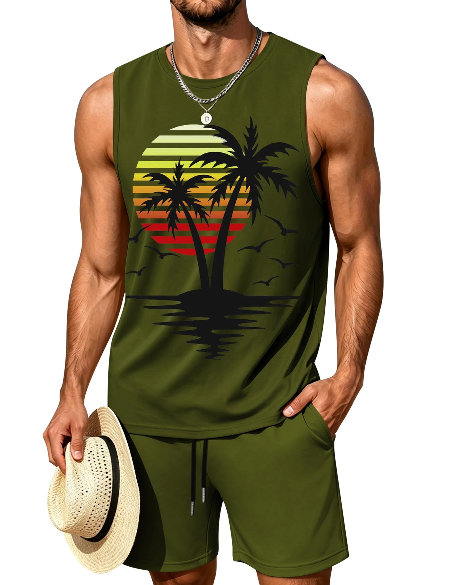 LecGee Men's 2 Piece Hawaiian Tank Tops Tropical Floral Beach Sleeveless Round neck T-shirt Casual Daily Beach Summer
