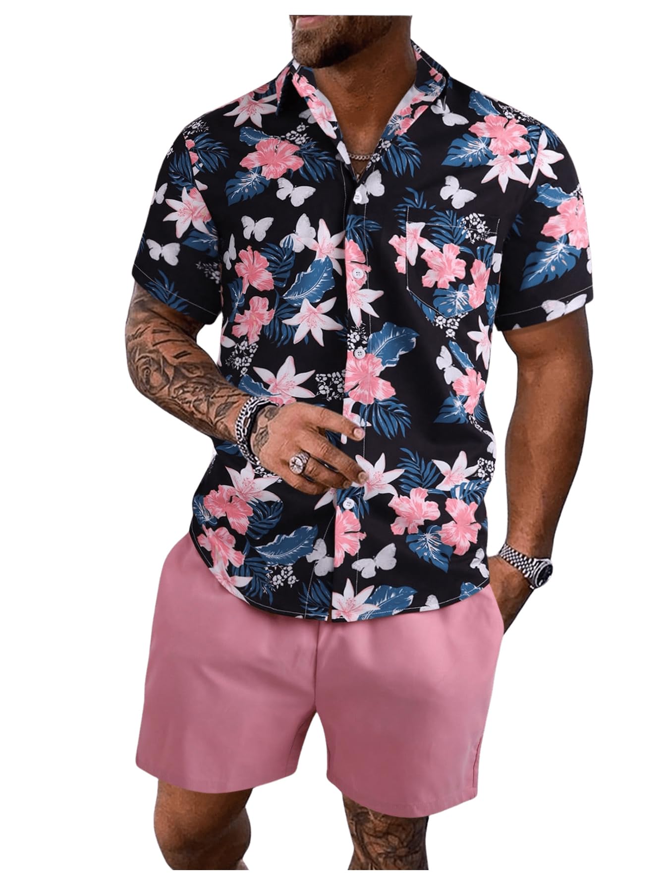GORGLITTER Men's Vacation Beach Cruise Summer Outfits 2 Piece Shorts Set Hawaiian Button Down Shirt and Shorts