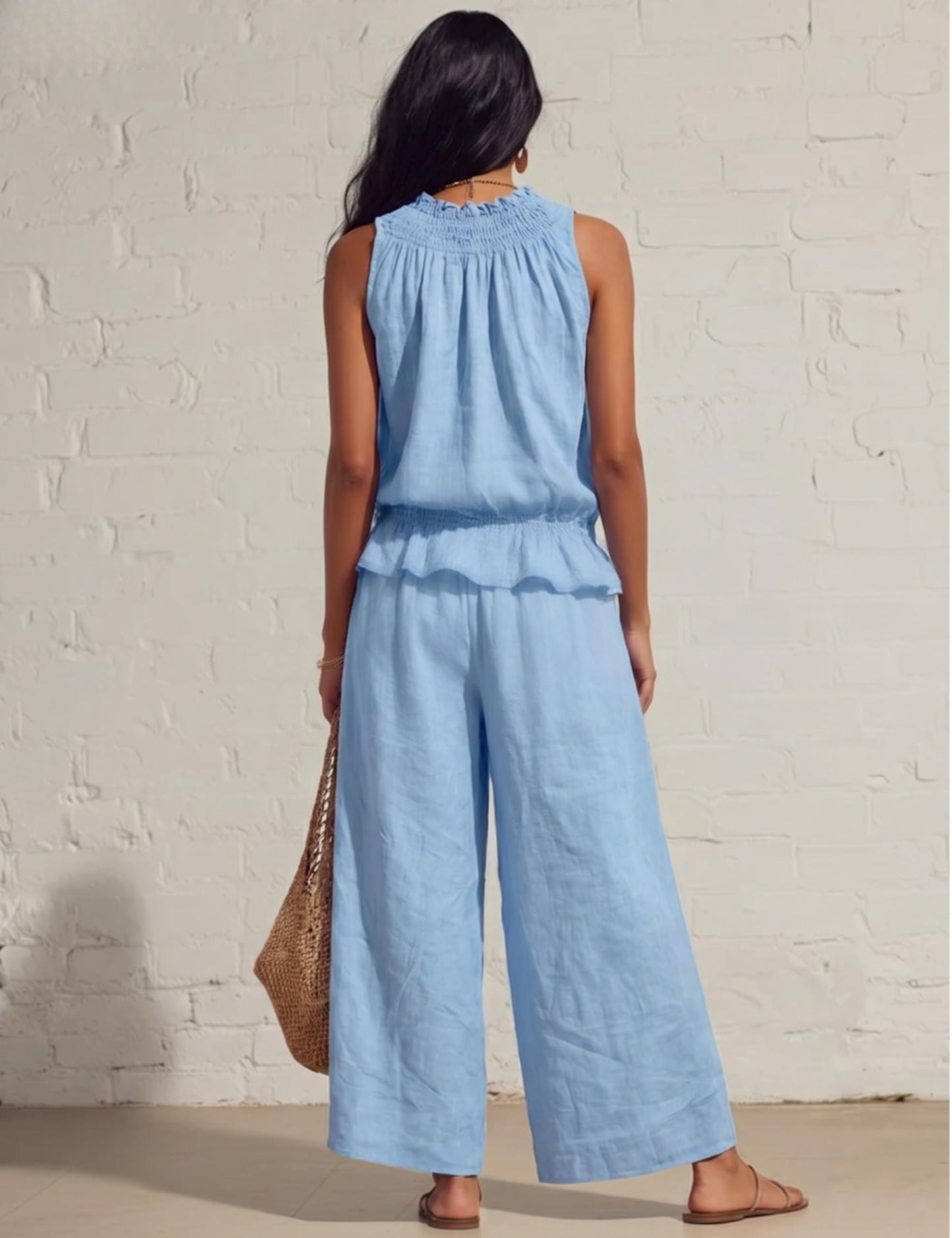 Tanming Women's Linen 2 Piece Outfits Sleeveless Ruffle Top Wide Leg Pants Summer Loungewear Beach Travel Sets