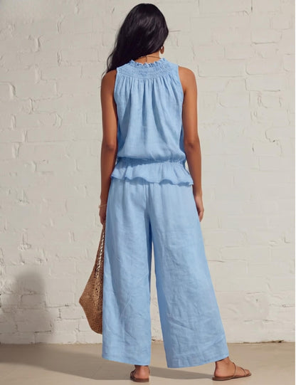 Tanming Women's Linen 2 Piece Outfits Sleeveless Ruffle Top Wide Leg Pants Summer Loungewear Beach Travel Sets