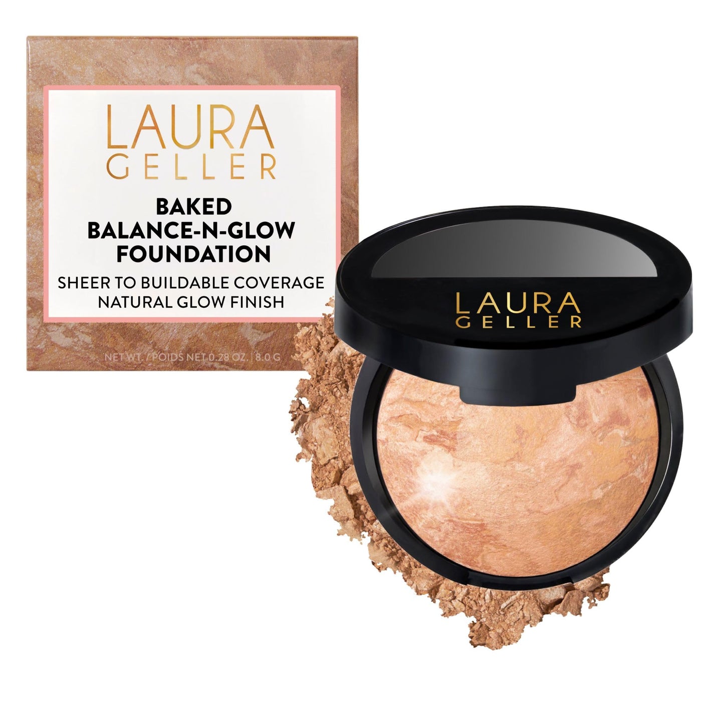 LAURA GELLER NEW YORK Baked Balance-n-Glow Illuminating Powder Foundation – Toffee – Handmade in Italy – Pearl-Infused Satin Finish – Vitamin C Brightening – Buildable Sheer Coverage – For Mature Skin
