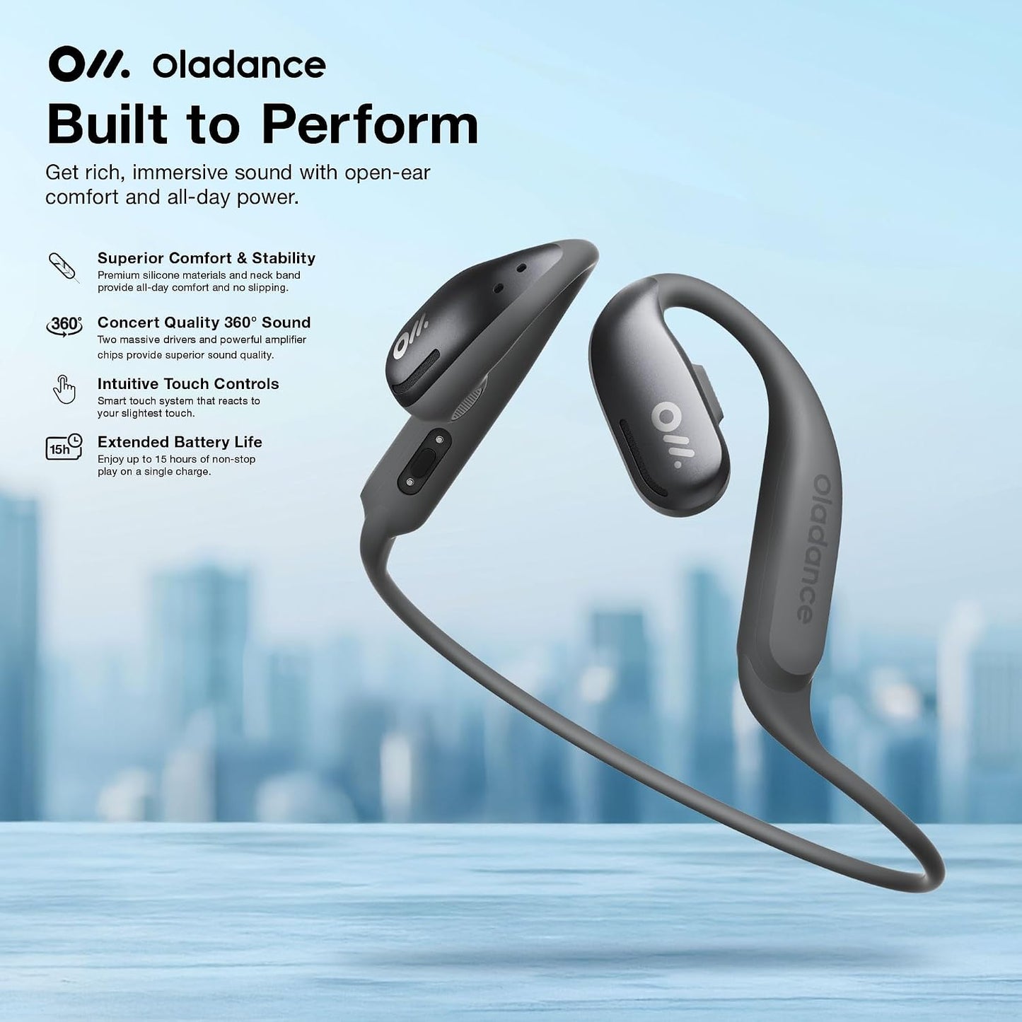 Oladance OWS Sports Open Ear Headphones, Comfortable & Stable Fit, 15H Battery Life, IPX8 Waterproof, Noise Canceling, Crystal Clear Audio, Multi-Point Bluetooth Connection, Durable Neckband (Grey)