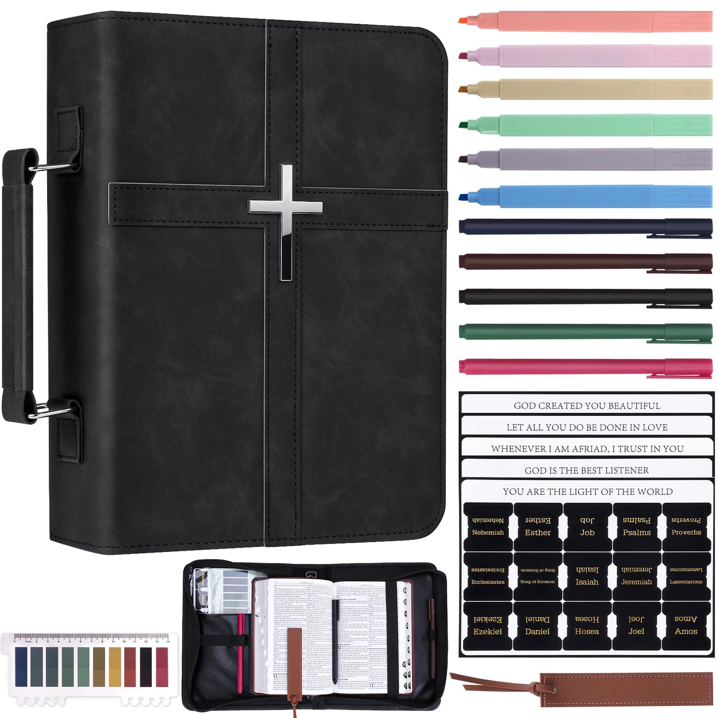 XKDOUS 20 Pcs Bible Case Set with Tabs, Pens, Study Supplies Carrier Holder Portable Men's Bible Bag Church Book Leather Cover Father Day Christian Gift for Dad, Mom, Men, Women