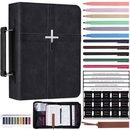 XKDOUS 20 Pcs Bible Case Set with Tabs, Pens, Study Supplies Carrier Holder Portable Men's Bible Bag Church Book Leather Cover Father Day Christian Gift for Dad, Mom, Men, Women