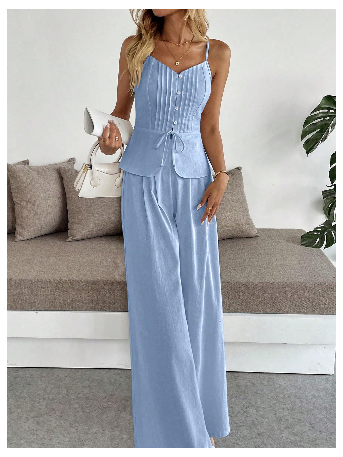 SOLY HUX Women's 2 Piece Summer Outfit Button Down Peplum Cami Top and Wide Leg Pants Set