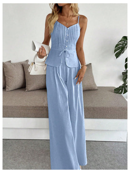 SOLY HUX Women's 2 Piece Summer Outfit Button Down Peplum Cami Top and Wide Leg Pants Set