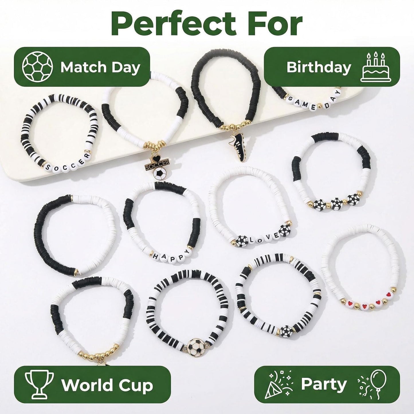 Spiritlele 12pcs World Cup Bracelets Set Red White Blue Clay Bead Wristband Stackable USA Soccer Charm Stretch Bracelet For Women Football Sports Fans Jewelry Gift