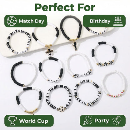 Spiritlele 12pcs World Cup Bracelets Set Red White Blue Clay Bead Wristband Stackable USA Soccer Charm Stretch Bracelet For Women Football Sports Fans Jewelry Gift