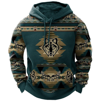 Men's Hooded Sweatshirt American Flag Print Long Sleeve Pullover Sweatshirt Vintage Tribal Aztec Graphic Hoodie Tops