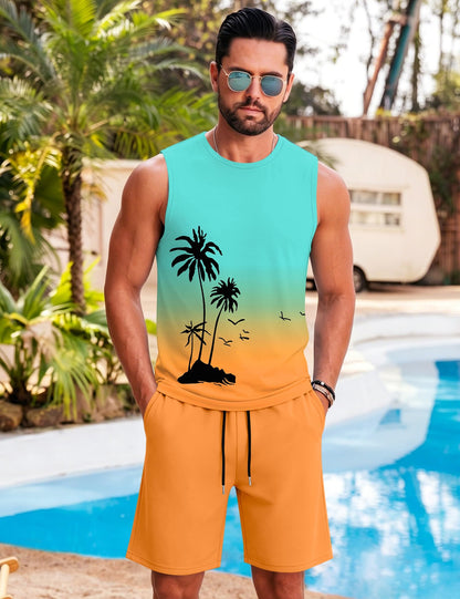 LecGee Men's 2 Piece Hawaiian Tank Tops Tropical Floral Beach Sleeveless Round neck T-shirt Casual Daily Beach Summer
