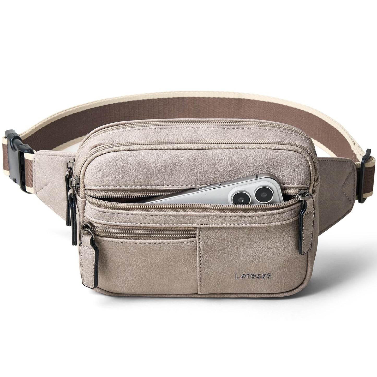 Leresas Fanny Packs for Women Vegan Leather Belt Bag Chic Cross Body Waist Pack Waist Purse for Travel Hiking Running Brown