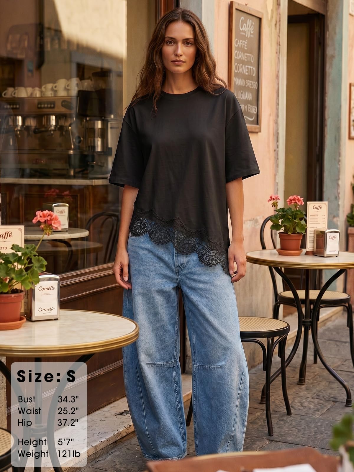 EXLURA Womens Summer Oversized Lace Trim T Shirts 2026 Casual Half Sleeve Asymmetrical Hem Tops Loose Crewneck Tunic Blouse