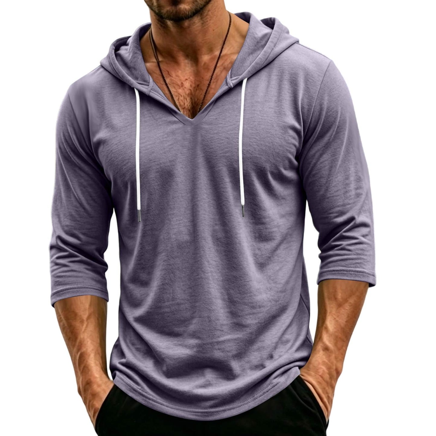 Mens Hooded 3/4 Sleeve Pullover Relaxed Fit Casual Lightweight Comfort Top