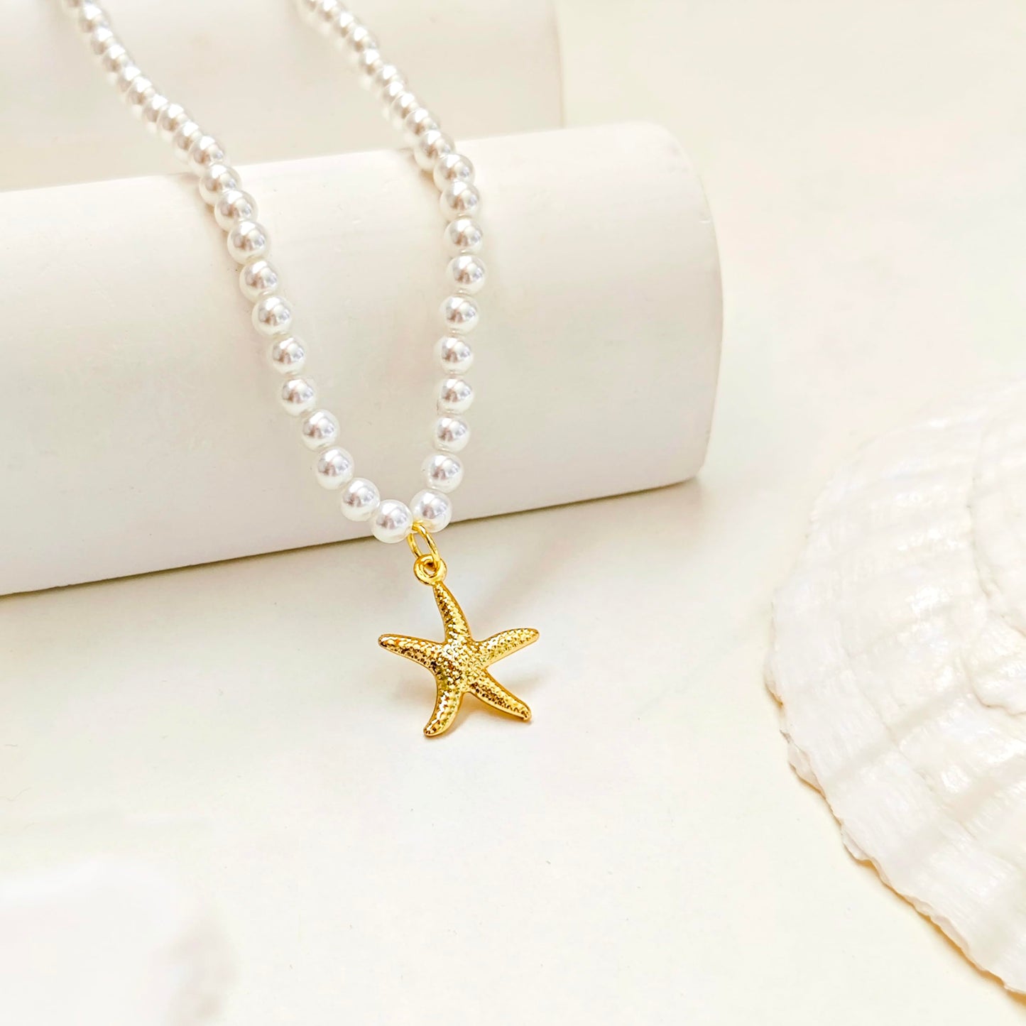 Zeffy Shell Necklace for Women,14K Gold Plated Layered Starfish Conch SeaShell Pearl Pendant Charm Necklace Stack Waterproof Dainty Beach Jewelry for Summer Vacation