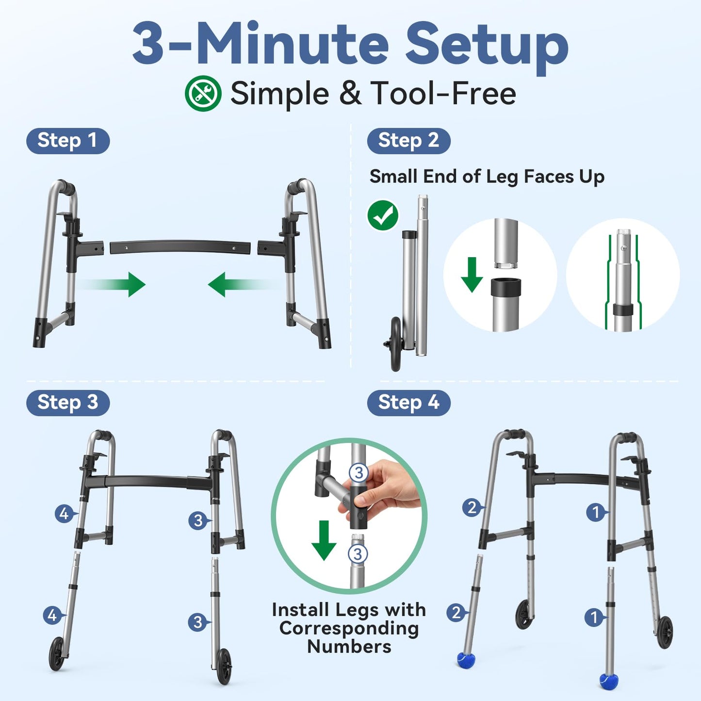 Loyoda Folding Walker with 2 Skis and 5" Wheels, Lightweight Walkers for Seniors and Adults, Supports Up to 350 Pounds, Adjustable Height, Compact Standard Walker, Black