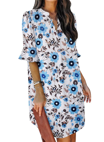 QACOHU Womens Summer Casual V Neck Shift Mini Dress | Flowy Swing Basic Loose Dresses, Ruffle Short Sleeve, Straight, Floral Boho Style, Wedding Guest Beach Vacation Outfits