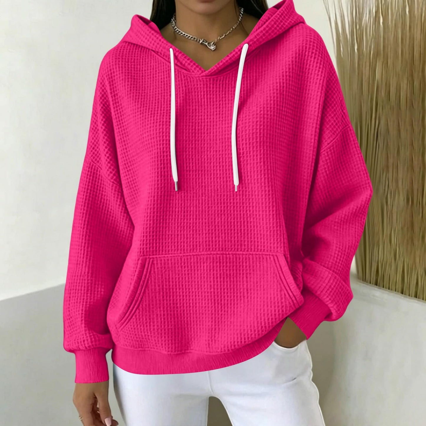 Women Casual Waffle Grid Textured Pullover Hoodie Contrast Drawstring Pocket Loose Long Sleeve Sweatshirts