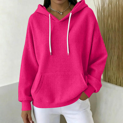 Women Casual Waffle Grid Textured Pullover Hoodie Contrast Drawstring Pocket Loose Long Sleeve Sweatshirts