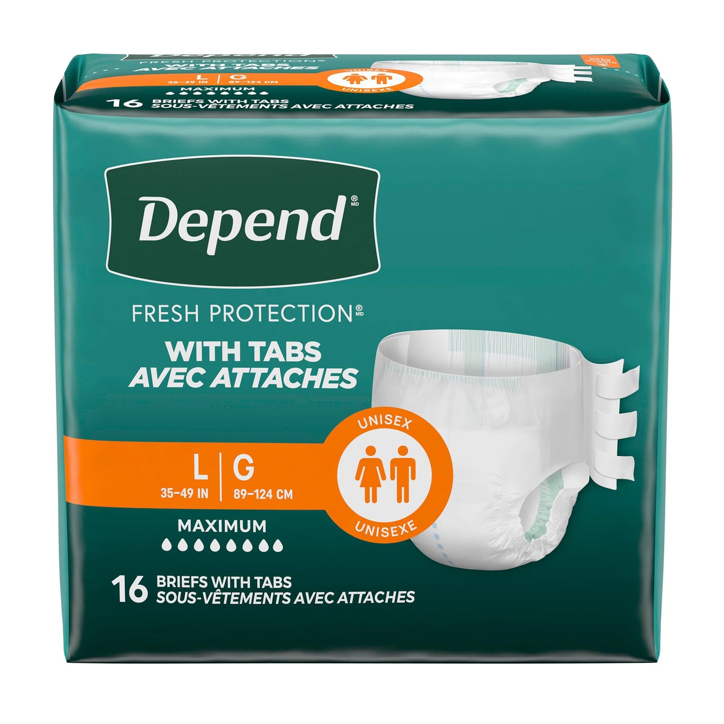 Depend Adult Diapers with Tabs, Incontinence Protection with Tabs, Unisex, Large (35–49" Waist, over 170 lbs), Maximum Absorbency, 48 Count (3 Packs of 16)