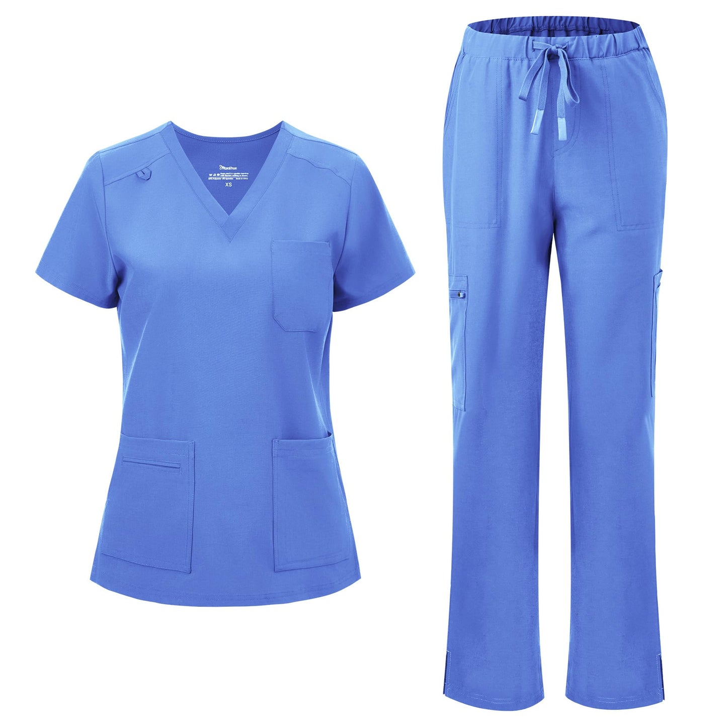 floralhue Scrubs for Women, V-Neck Straight Leg Pants with 12 Pockets | Slit Hem Cargo Pant Storage, Yoga Waistband, Water Resistance, For Nurses, Clinics, Long Shifts, Daily Medical Uniforms