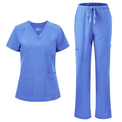 floralhue Scrubs for Women, V-Neck Straight Leg Pants with 12 Pockets | Slit Hem Cargo Pant Storage, Yoga Waistband, Water Resistance, For Nurses, Clinics, Long Shifts, Daily Medical Uniforms