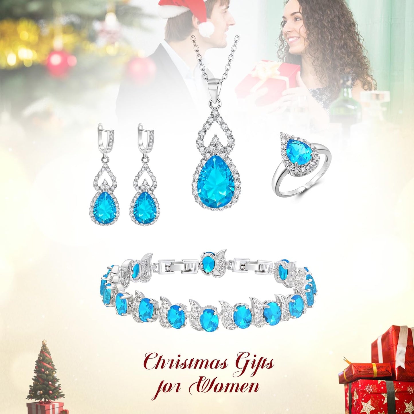 BriLove Wedding Jewelry Set for Women Bride Bridesmaid | Gorgeous Cubic Zirconia Teardrop Necklace Earrings Bracelet Adjustable Ring Jewelry Gift for Birthday/Anniversary